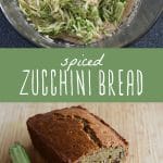 Zucchini bread batter in a bowl, and a loaf of homemade spiced zucchini bread on a cutting board.