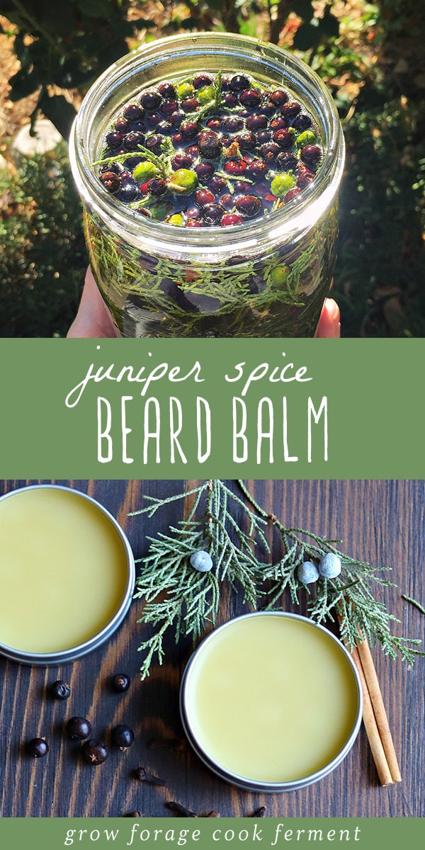 Learn how to make this DIY juniper spice beard balm for that bearded man in your life! This is a terrific homemade beauty product for men made with all natural ingredients including a homemade infused oil, beeswax, shea butter, and essential oils. Beard balm helps to condition, soften and style beards, and this juniper spice recipe smells amazing! It's the perfect gift for the bearded man in your life. #beardbalm #essentialoils #infused oil #beauty #beard #juniper #herbalism #homeremedy