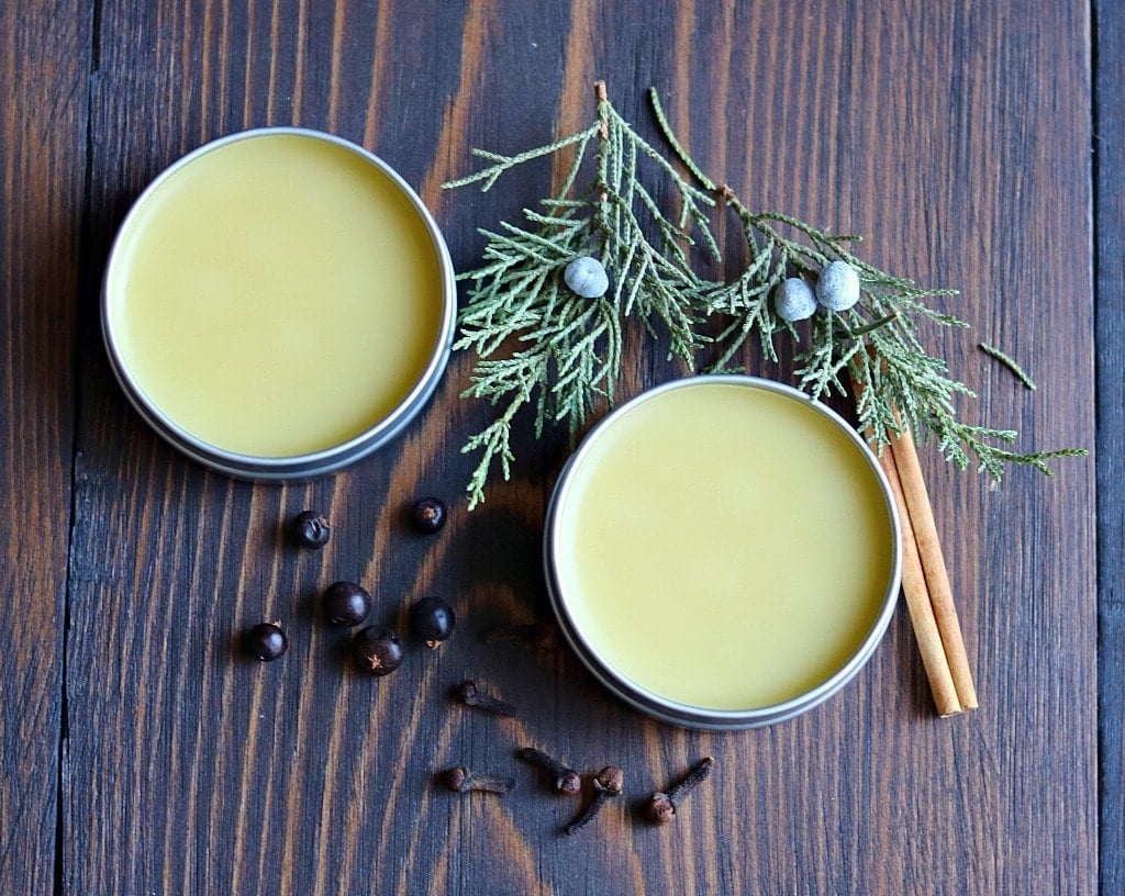 two tins of homemade beard balm with juniper