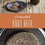 Bottles of fermented root beer on a wood table, and traditionally fermented root beer spices in a large pot.