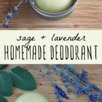 Tins of homemade deodorant with fresh sage and lavender.