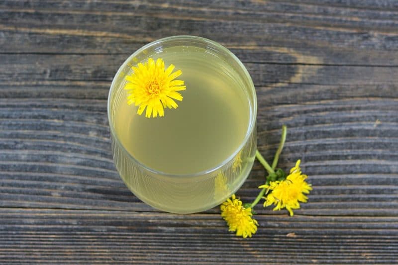 top view of a glass of dandelion mead with a dandelion flower in it