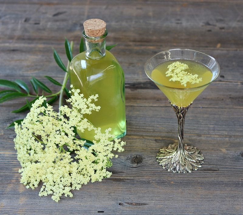 a bottle of elderflower liqueur and a martini glass with an elderflower drink