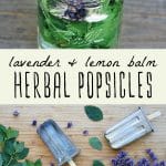 Lemon and lavender in a jar, and herbal lavender popsicles on a wood background.