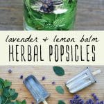 Lemon and lavender in a jar, and herbal lavender popsicles on a wood background.