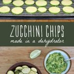 Raw zucchini slices in a dehydrator, and a bowl of dehydrator zucchini chips.