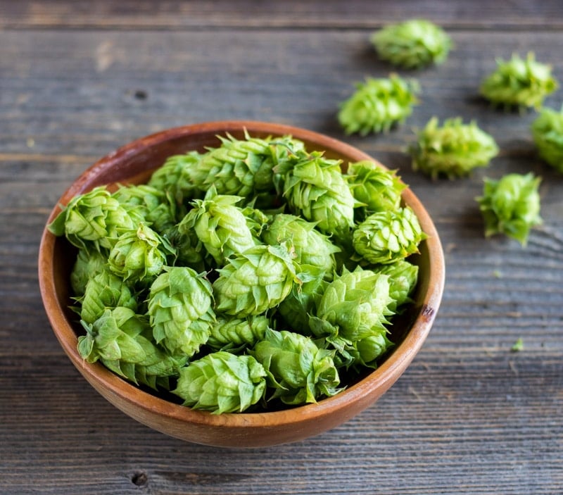 a wooden bowl of hops