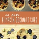 No bake pumpkin coconut cups in a muffin tin, and pumpkin coconut cups on a wood cutting board.