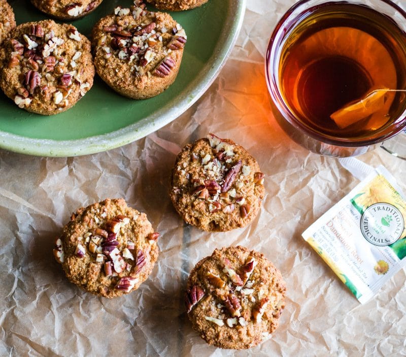 dandelion root muffins with a cup of roasted dandelion root tea