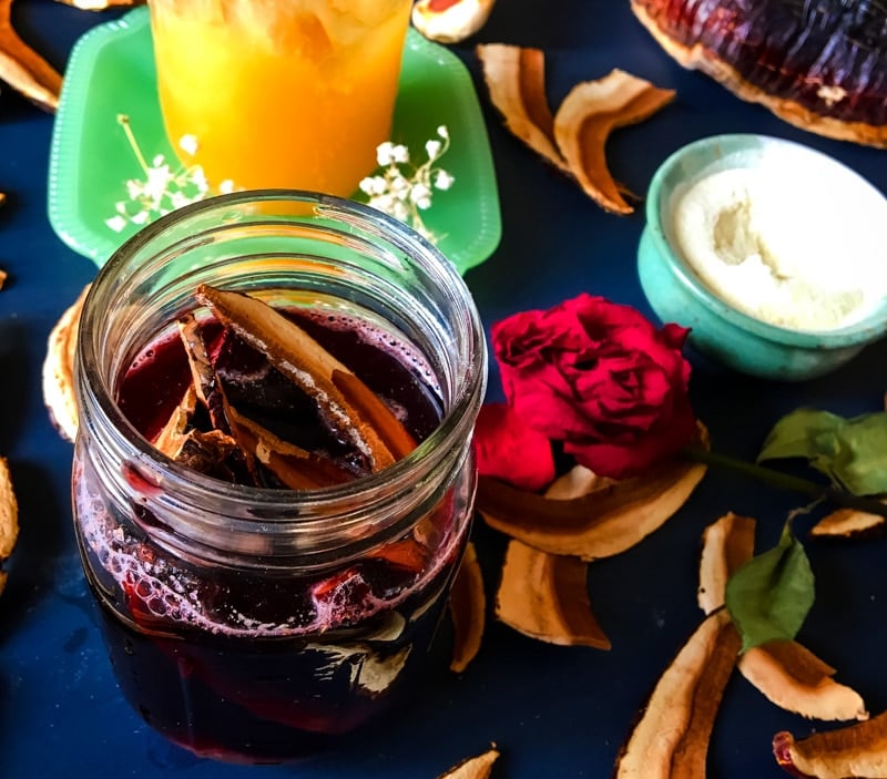 Reishi infused red wine in a jar garnished with a piece of mushroom, surrounded by a ingredients, with a dark background and vibe.