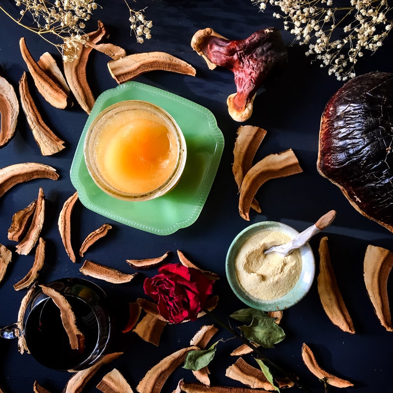 reishi mushroom slices, honey, and herbs on a table