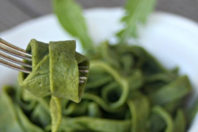 dandelion egg noodles twirled around a fork