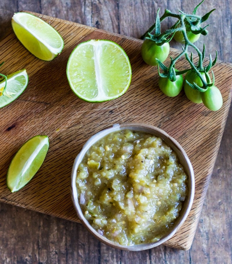 a bowl of green tomato salsa verde