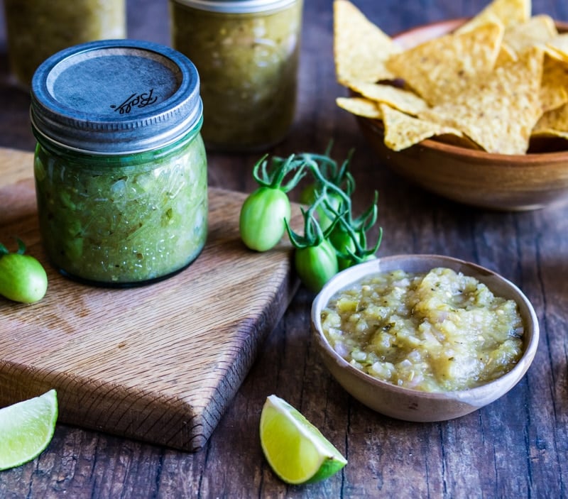 a ball jar of green tomato salsa