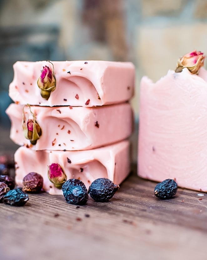 rose hip soap with dried rose hips