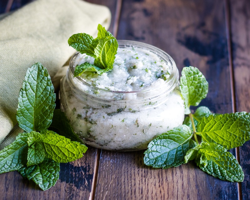 peppermint coconut sugar scrub in a jar