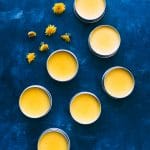 Tins of dandelion salve yellow in color, on a navy blue background surrounded by fresh dandelion flowers.