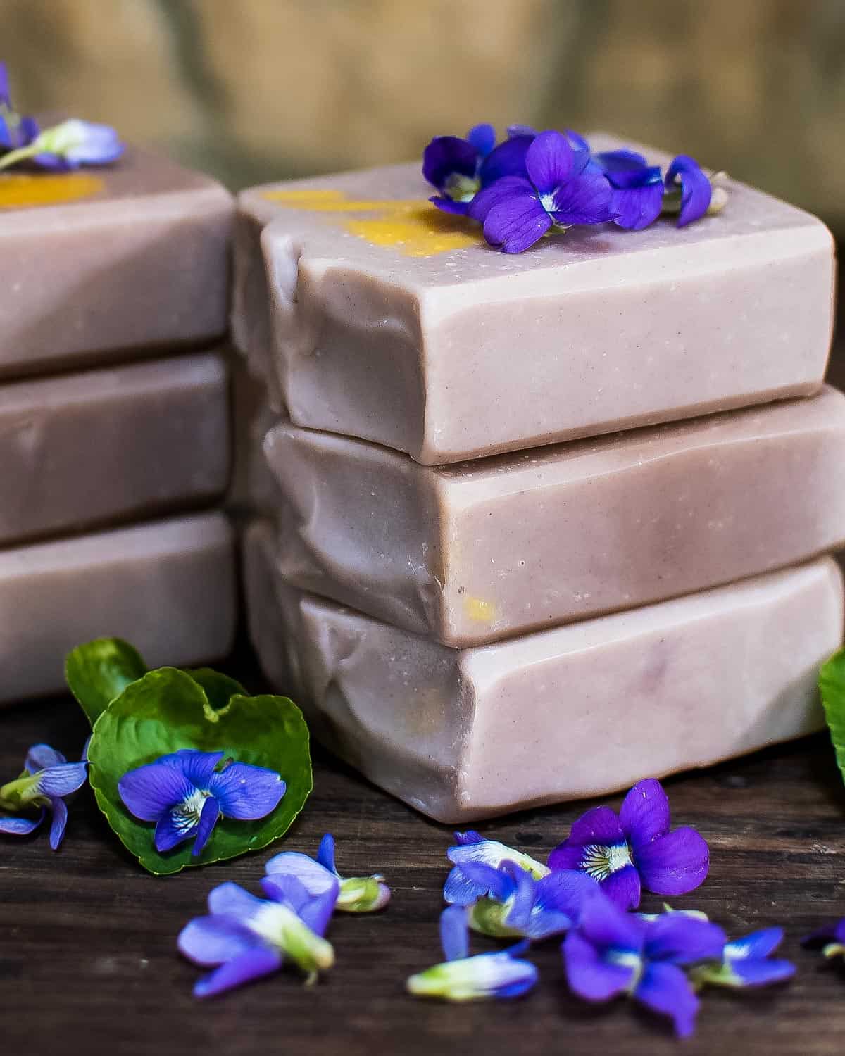 a stack of wild violet soap bars