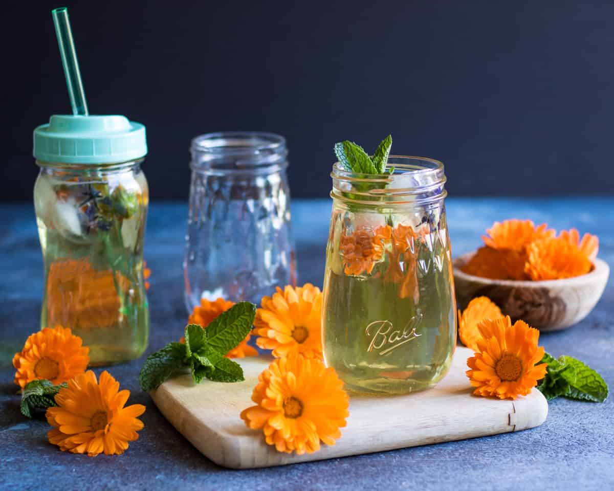 a ball flute jar with calendula iced tea