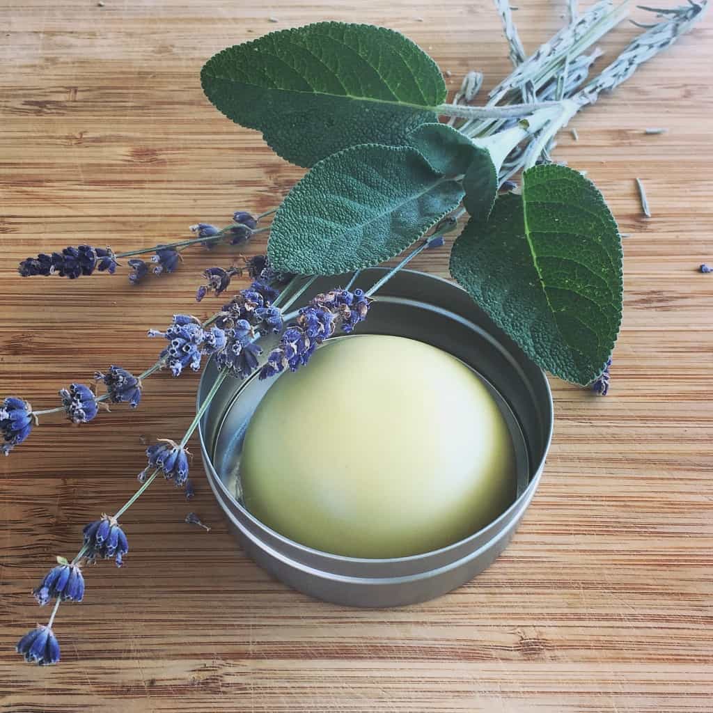 homemade lavender and sage deodorant in a tin