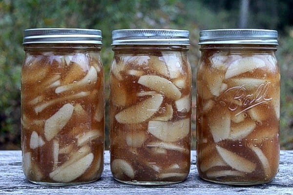 three jars of canned apple pie filling