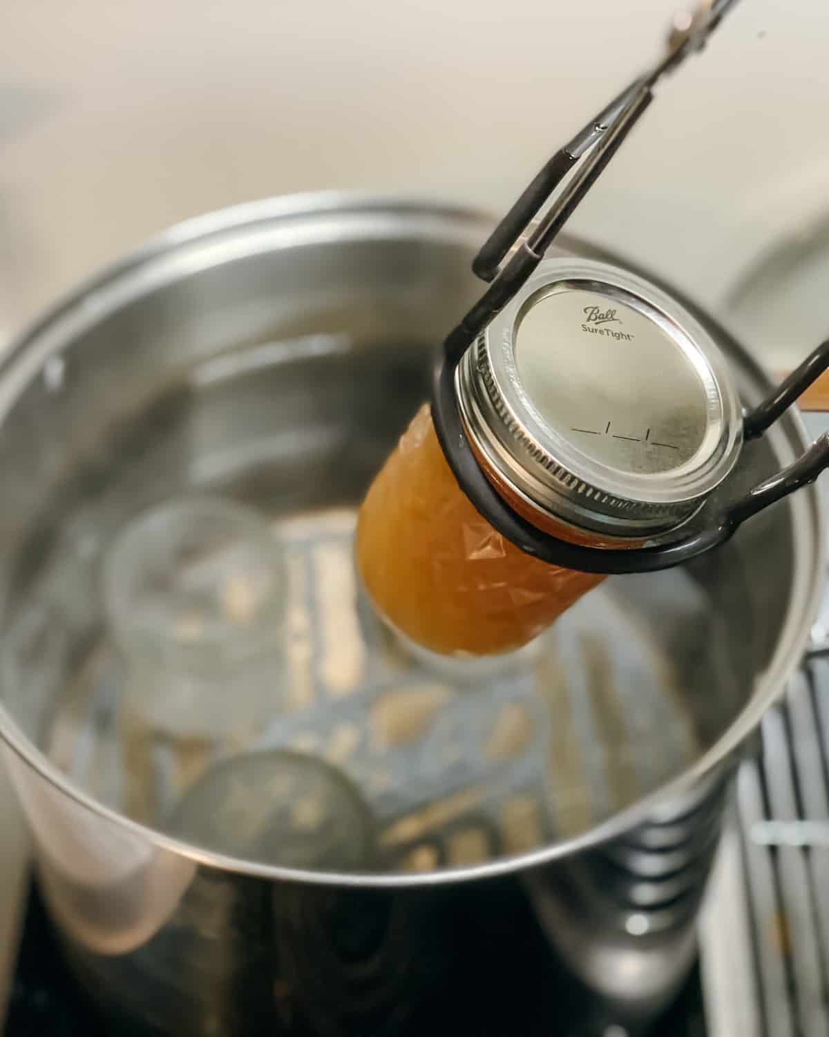 putting a jar of apple jelly into the water bath canner