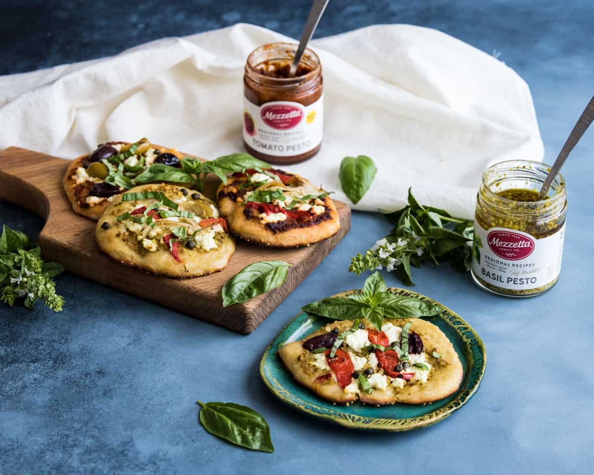 mini pizzas with Mezzetta pesto