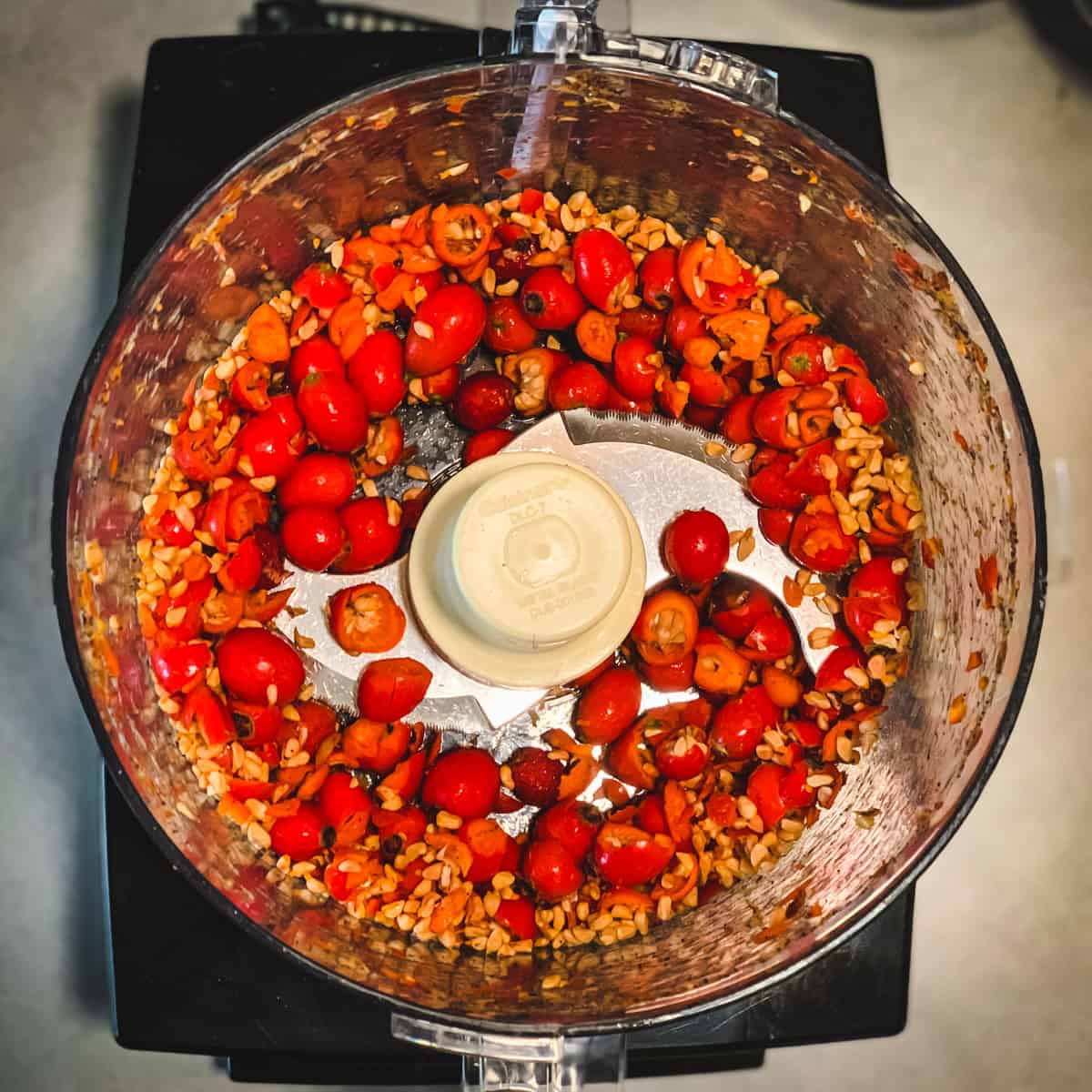 fresh rose hips in a food processor