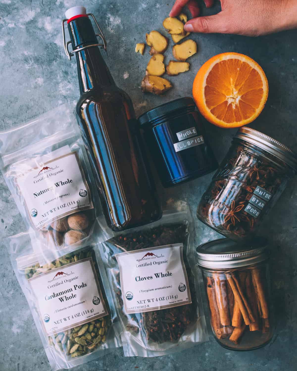 mulled hard cider ingredients on a table