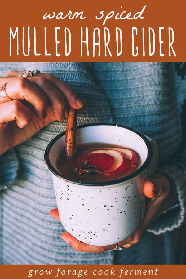 a woman holding a mug of mulled hard cider with a cinnamon stick