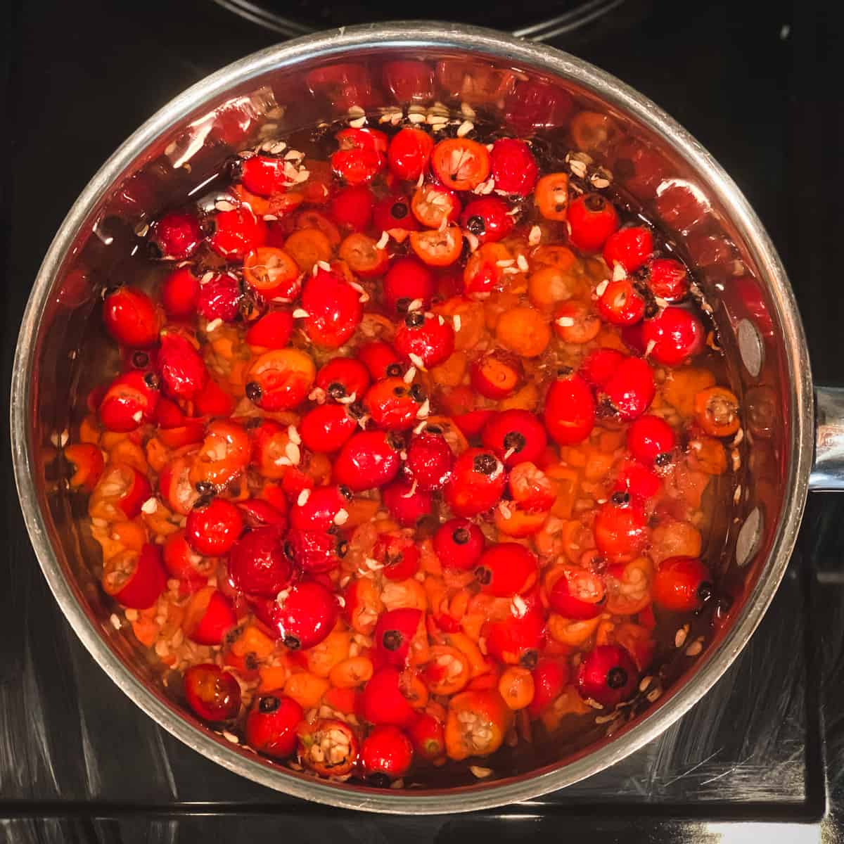 fresh rose hips in a pot of water on the stove