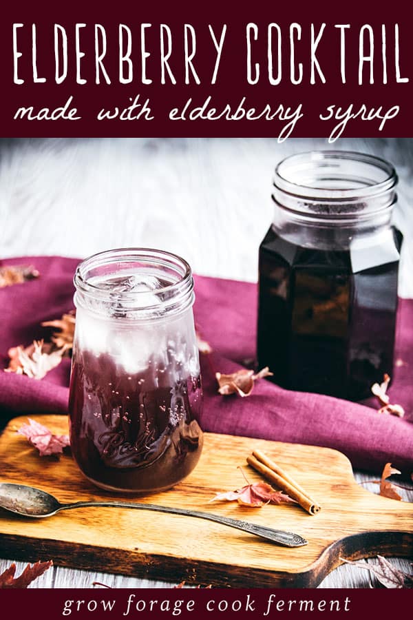 elderberry cocktail with a jar of elderberry syrup