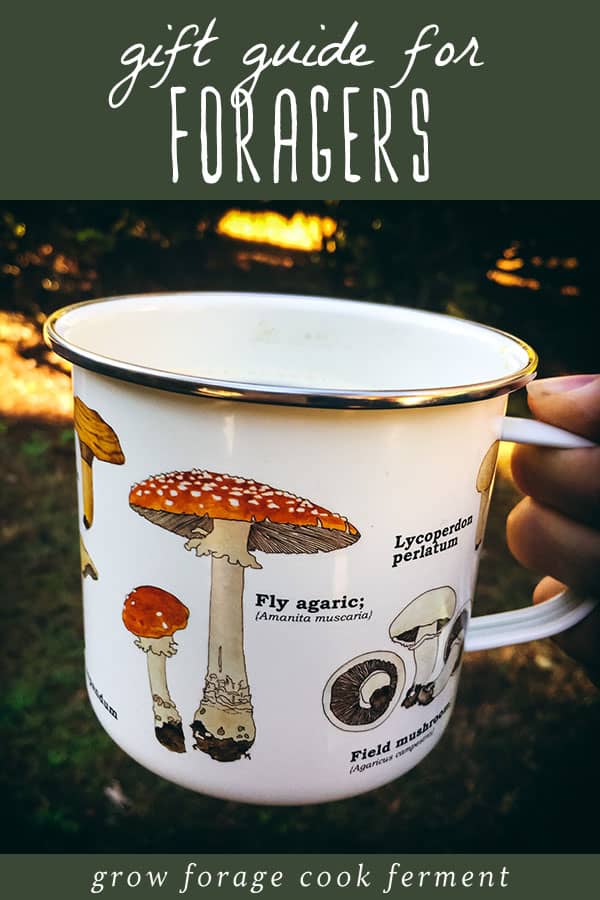 a forager holding a mushroom mug
