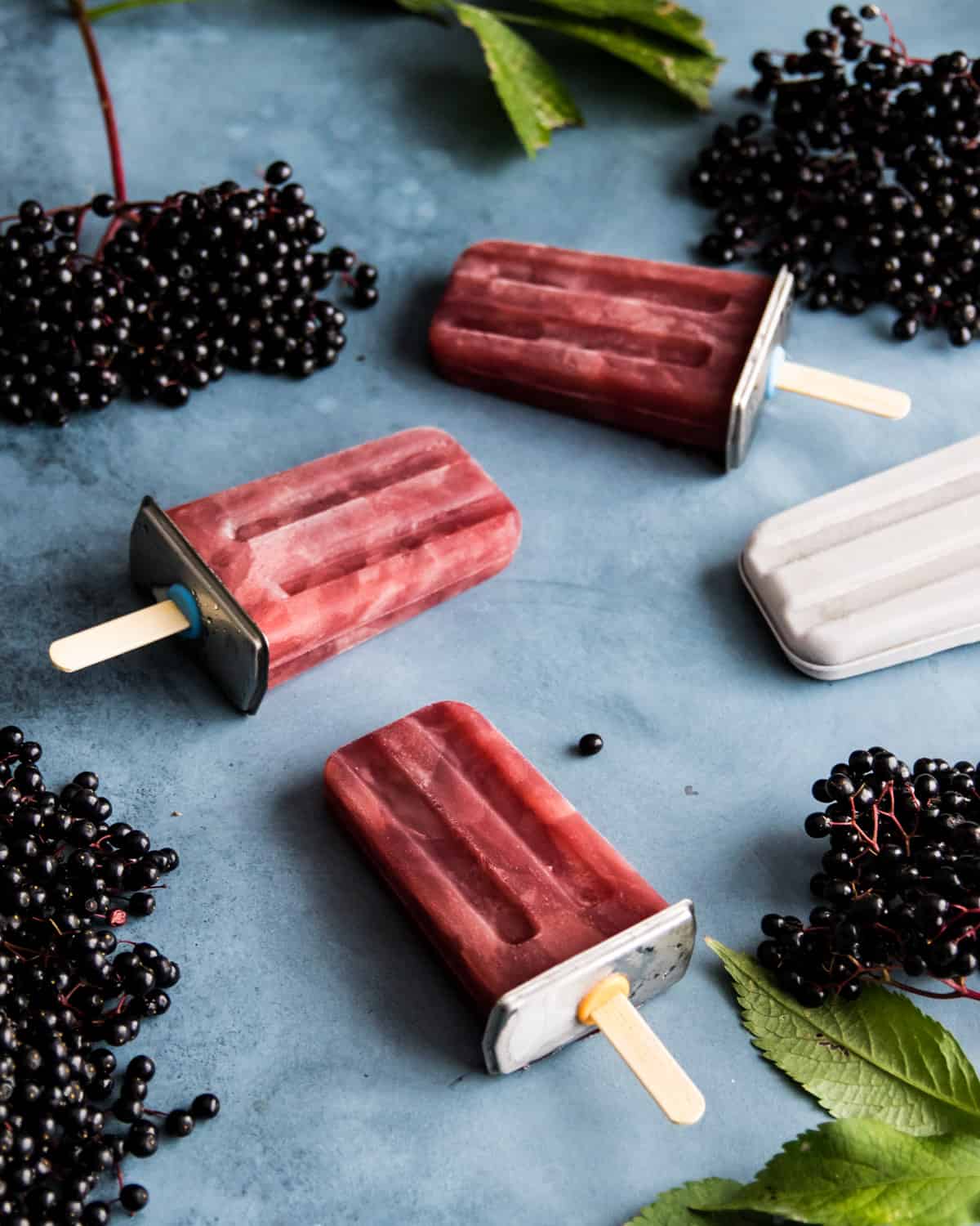 three elderberry popsicles on a table with fresh elderberries