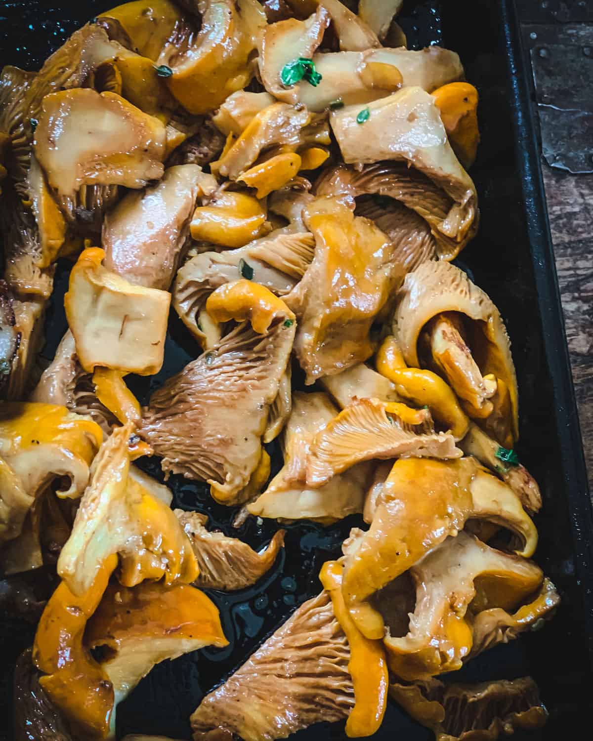 cooked chanterelle mushrooms with thyme