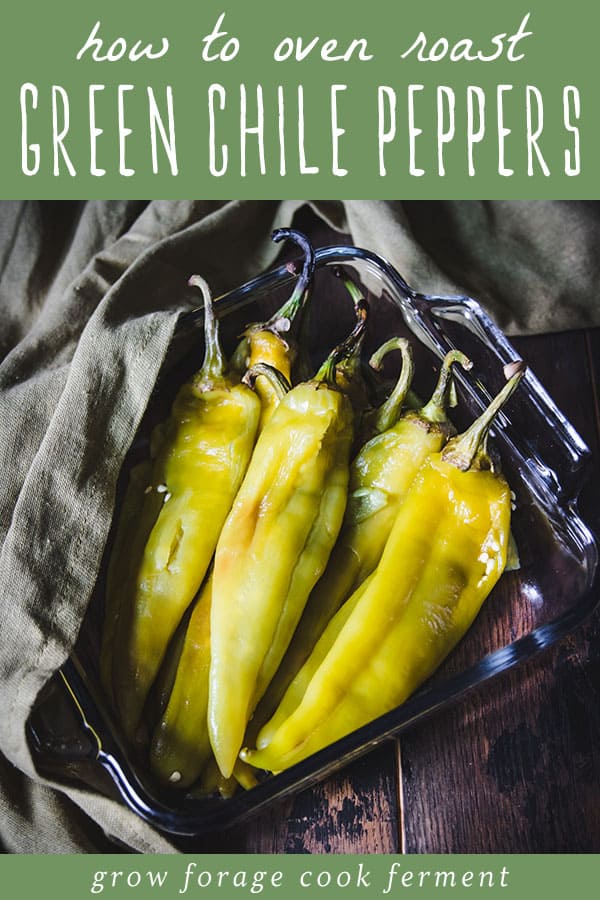 Roasted green chile peppers in a square dish, surrounded by olive green fabric, with a top banner that reads "how to oven roast green chile peppers."