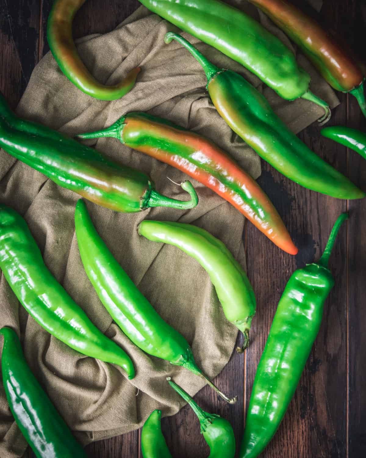 Fresh green hatch chile peppers laid in a single layer in varying directions on an olive green cloth. 