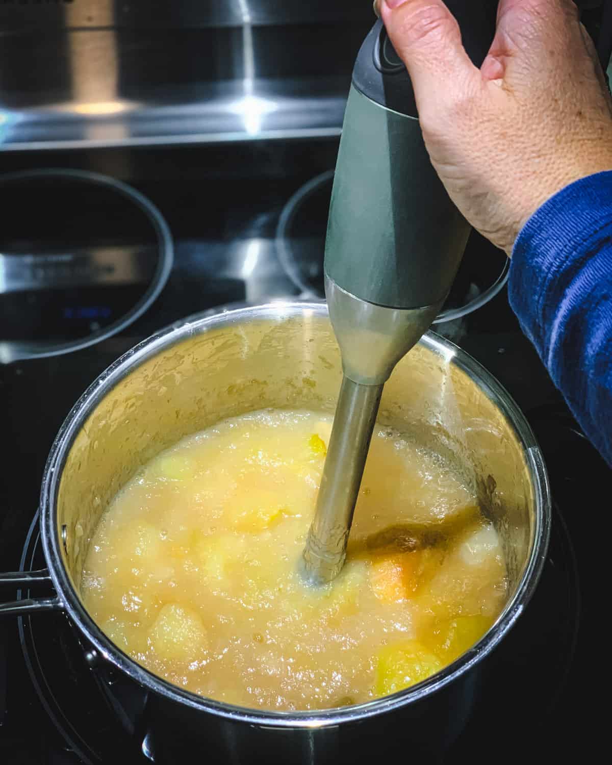a women's hand using an immersion blender to blend the apples in a pot