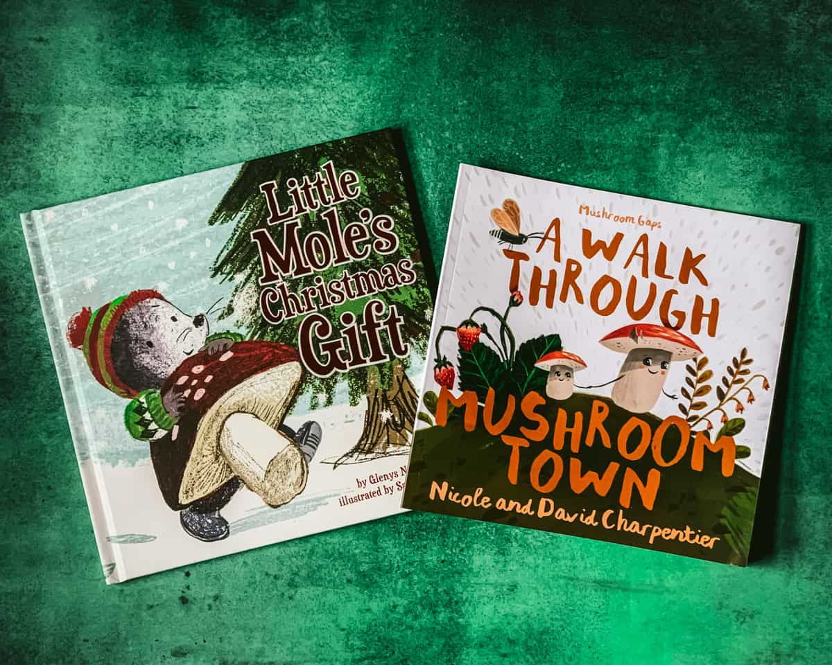 little mole's christmast gift and a walk through mushroom town books on a green table