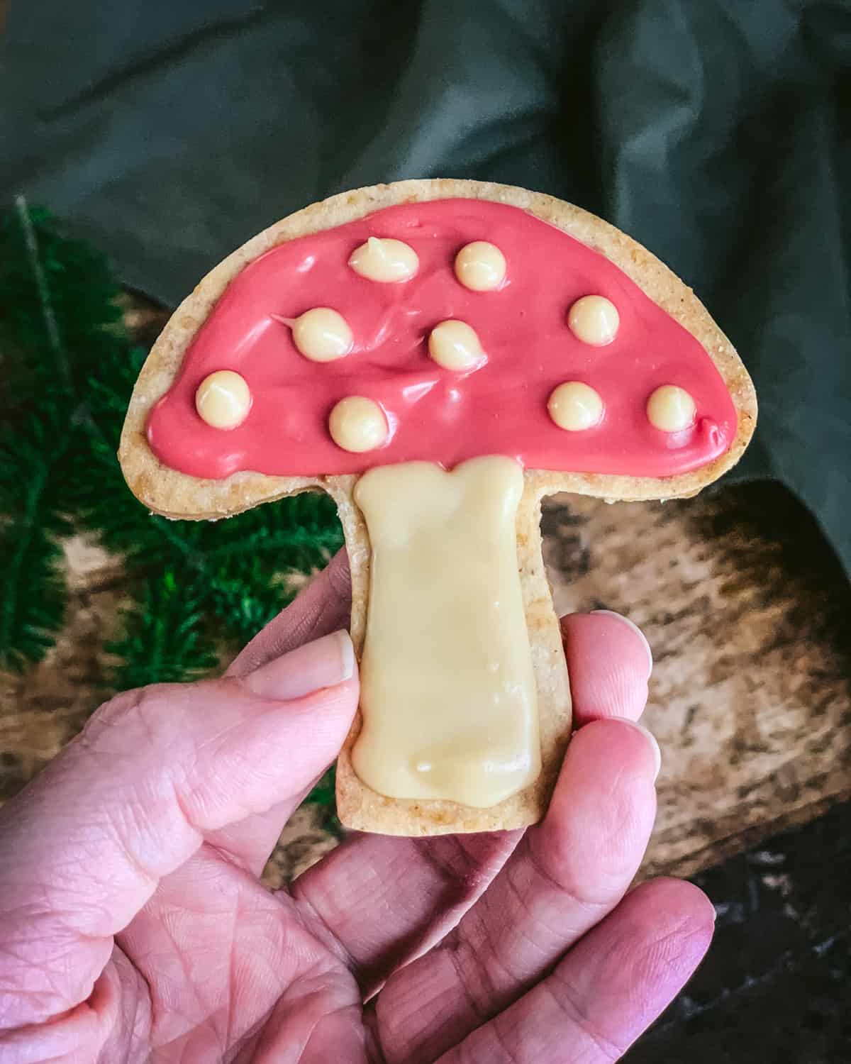 a hand holding a amanita muscaria mushroom cookie
