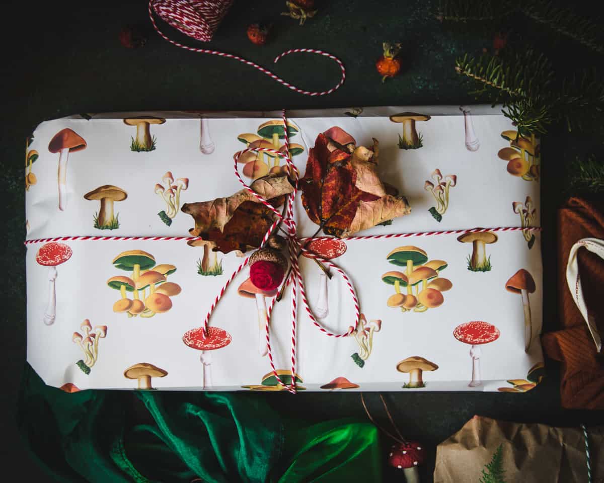 Dark background with a present wrapped in white paper that has varied mushrooms on it, tied with red and white twine, with dried maple leaves on top. 