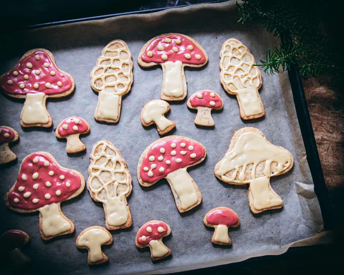 mushroom cookies on a sheet pan