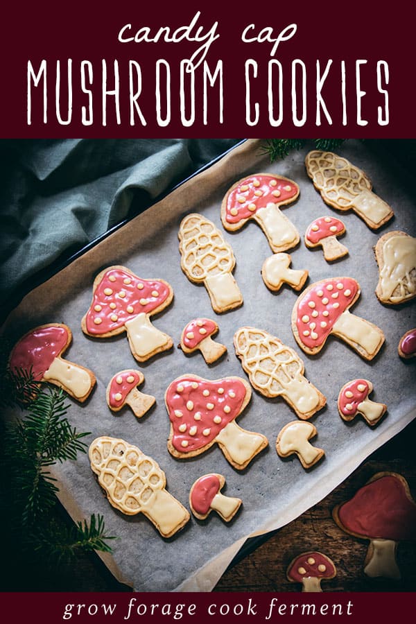 candy cap mushrooms cookies with maple icing on a sheet pan