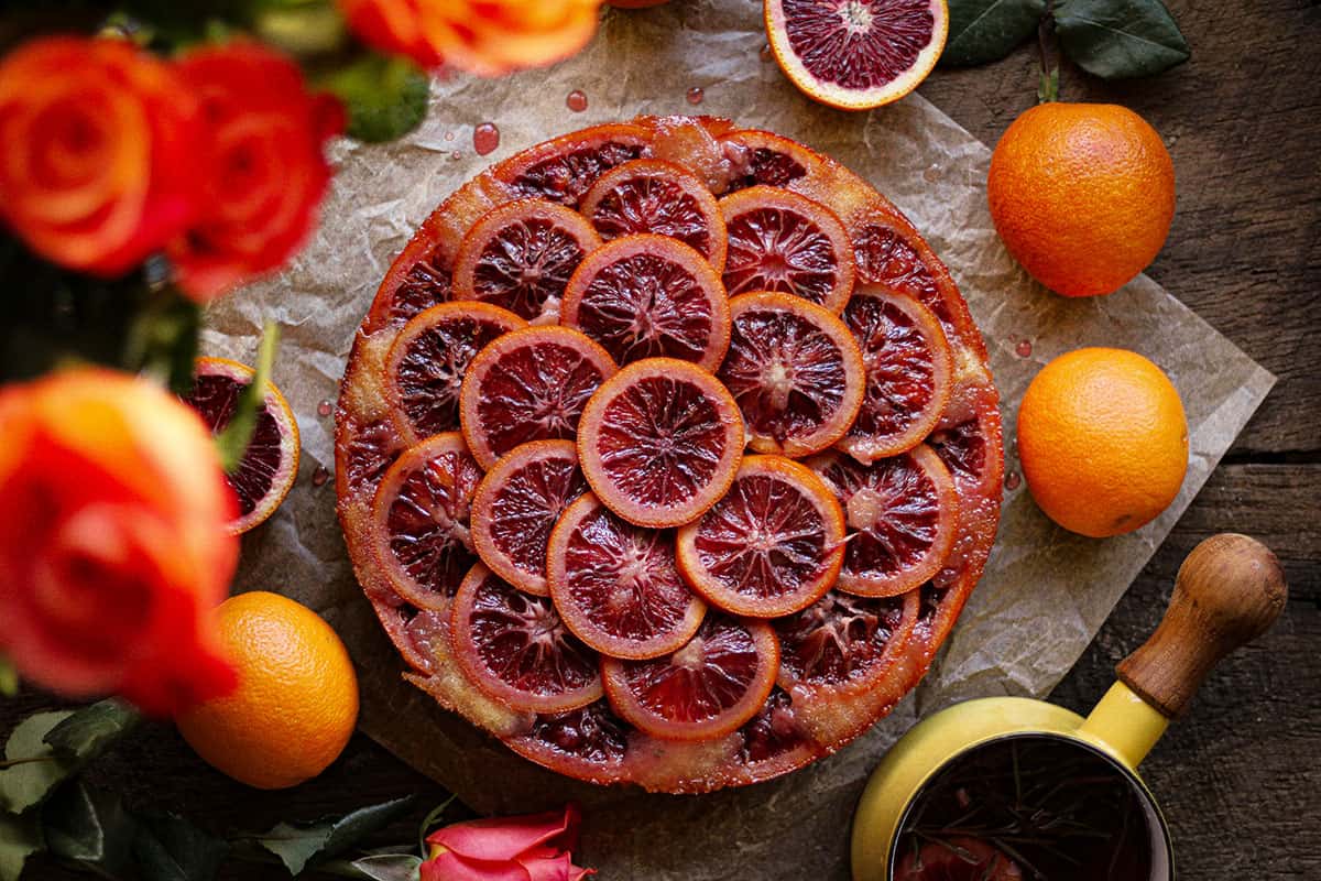 A finished blood orange upside down cake, top view. 