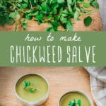 Top picture is fresh chickweed on a cutting board, bottom picture is chickweed salve in tins, in middle is a greed overlay with white words saying how to make chickweed salve.