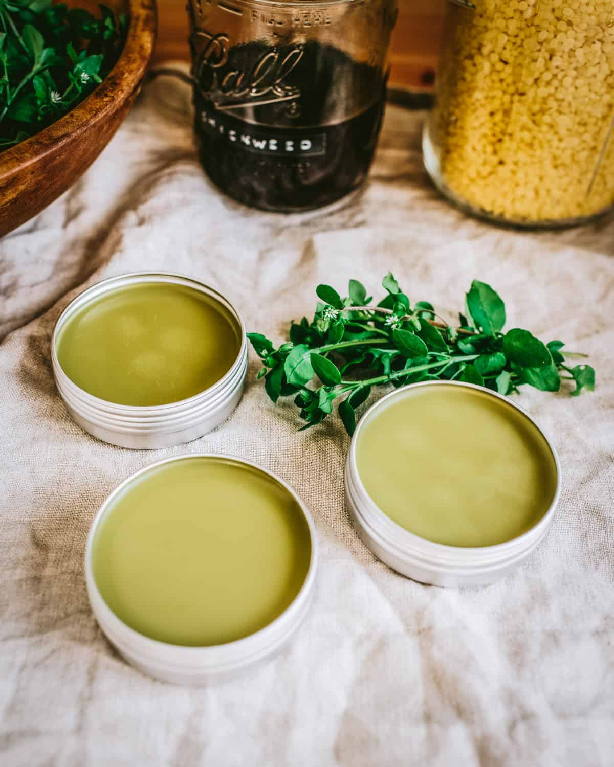 Chickweed salve in tins next to ingredients to make the salve. 