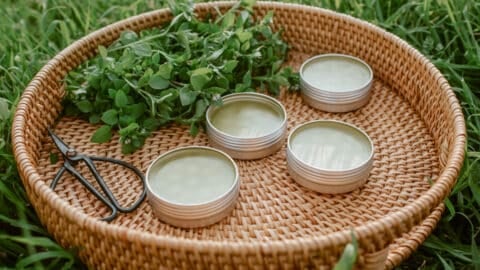 Chickweed in tins and fresh chickweed in a natural basket.