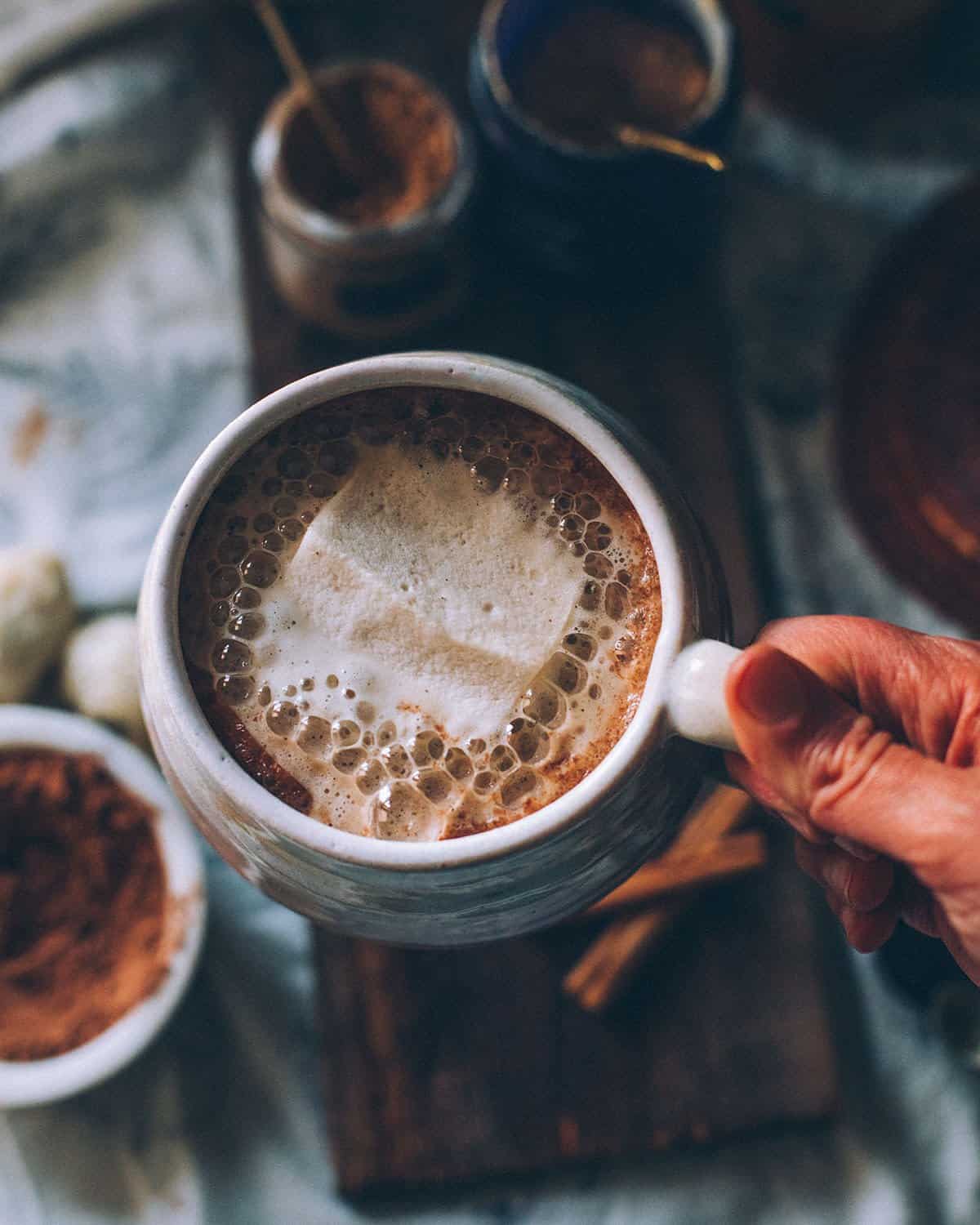 a hand holding a mug of mushroom hot chocolate with a marshmallow