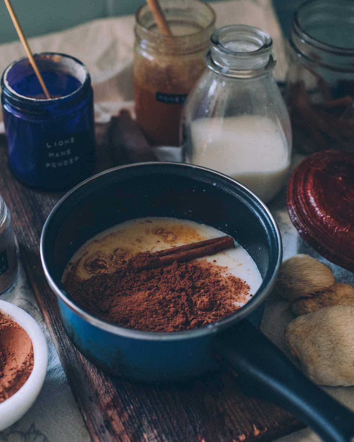 milk, cocoa powder, mushroom powder, and a cinnamon stick in a pot