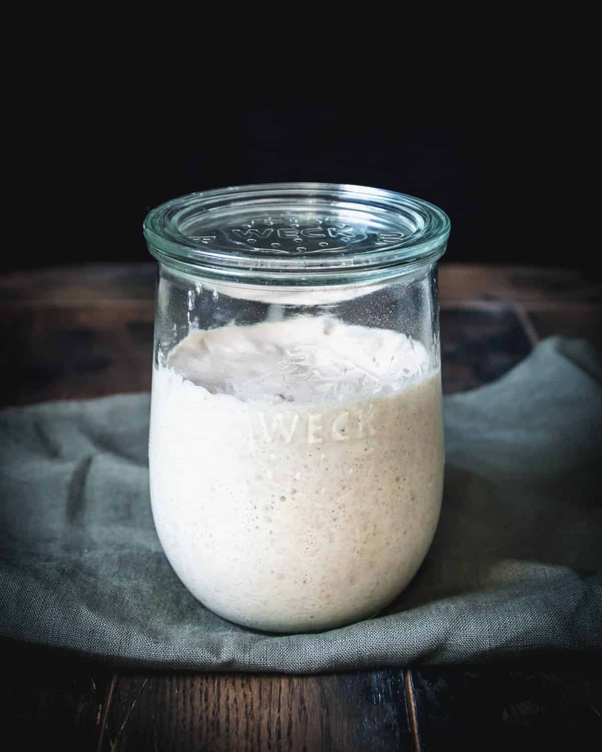 Sourdough starter in a jar with a lid, sitting on a forest green cloth on a wood surface.